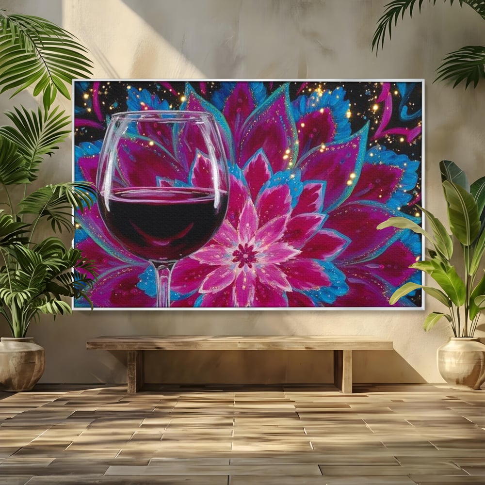 Tablou canvas cu tablou canvas cu pahar de vin si mandala, in rama de aluminiu argintiu